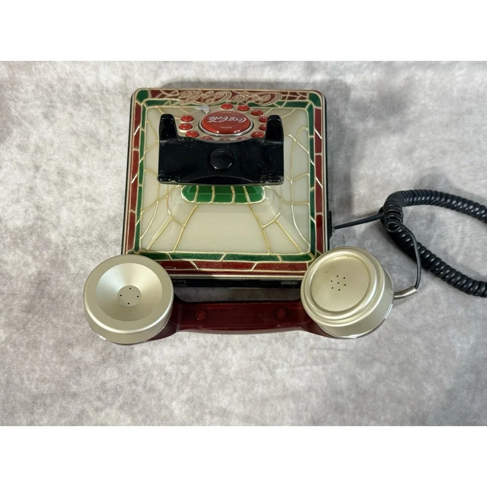 Vintage Coca Cola Tiffany Style Stained Glass Look Telephone w/ Light - UNTESTED